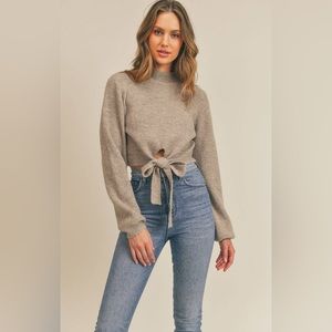 Quite Alright Cropped Front Ribbon Sweater: TAUPE